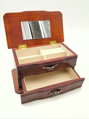 Vintage Wood Jewelry Box – Walnut toned Finish with Mirror & Draw